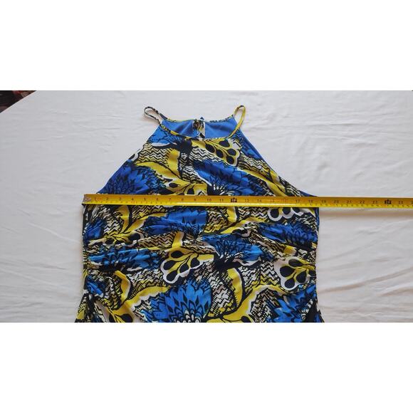 Nine West Blue Bright Surf/Sunflower Abstract Halter Stretch Maxi Dress Sz14-$98 - Picture 6 of 14